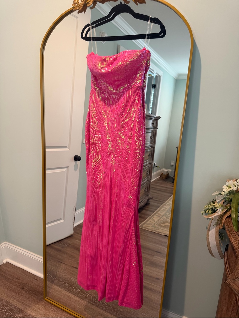 Strapless Hot Pink Sequin Evening Dress